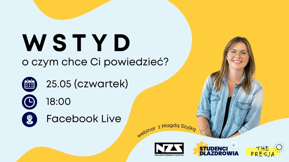 Plakat NZS promujący webinar pt. "Wstyd – o czym chce Ci powiedzieć?"